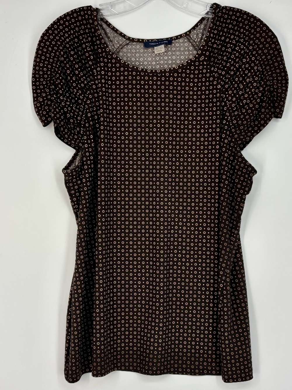 Tommy Hilfiger Womens Large Pullover Knit Top Brown Tan Polka Dots Retro Style